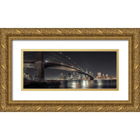 Brooklyn bridge over East river, Lower Manhattan, New York, FTBR-1910 Gold Ornate Wood Framed Art Print with Double Matting by Frank, Assaf