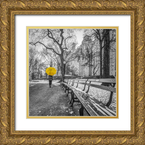 Tourist on pathway with Yellow umbrella at Central park-New York Gold Ornate Wood Framed Art Print with Double Matting by Frank, Assaf