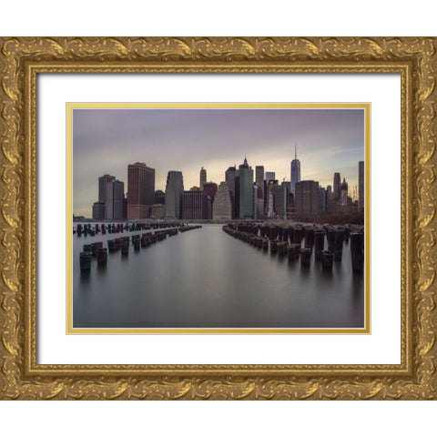 Manhattan skyline with rows of groynes in East river, New York Gold Ornate Wood Framed Art Print with Double Matting by Frank, Assaf