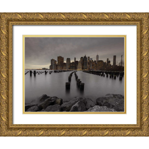 Manhattan skyline with rows of groynes in East river, New York Gold Ornate Wood Framed Art Print with Double Matting by Frank, Assaf