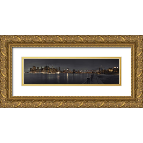 Evening view of Manhattan skyline over East river, New York Gold Ornate Wood Framed Art Print with Double Matting by Frank, Assaf