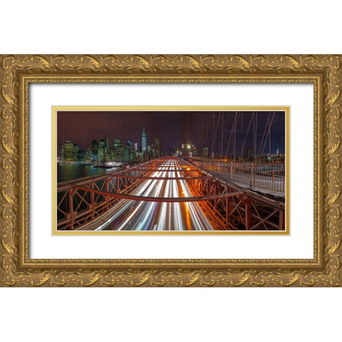 Evening view of Manhattan skyline from Brooklyn bridge Gold Ornate Wood Framed Art Print with Double Matting by Frank, Assaf