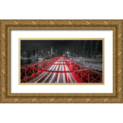 Evening view of Manhattan skyline from Brooklyn bridge Gold Ornate Wood Framed Art Print with Double Matting by Frank, Assaf