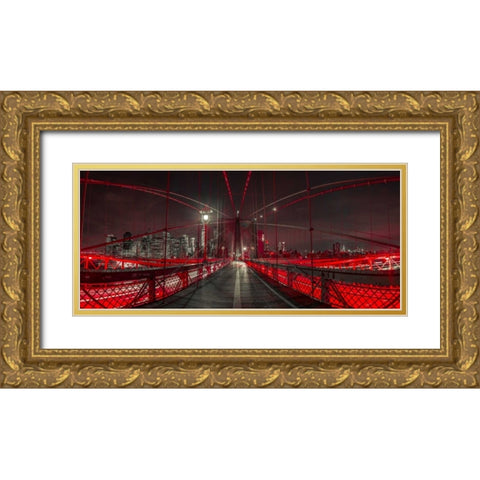 Evening view of Manhattan skyline from Brooklyn bridge Gold Ornate Wood Framed Art Print with Double Matting by Frank, Assaf