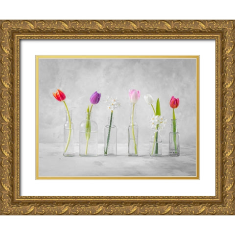 Ranuncuclus flowers in glass bottles Gold Ornate Wood Framed Art Print with Double Matting by Frank, Assaf