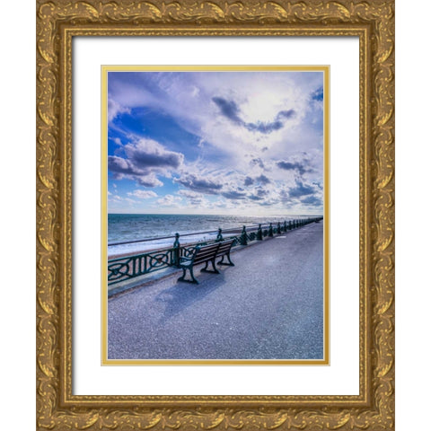 Bench at seaside promenade Gold Ornate Wood Framed Art Print with Double Matting by Frank, Assaf