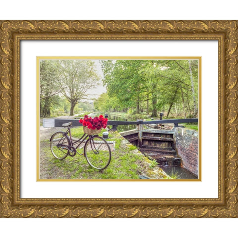 Bicycle with bunch of white roses by the canal Gold Ornate Wood Framed Art Print with Double Matting by Frank, Assaf