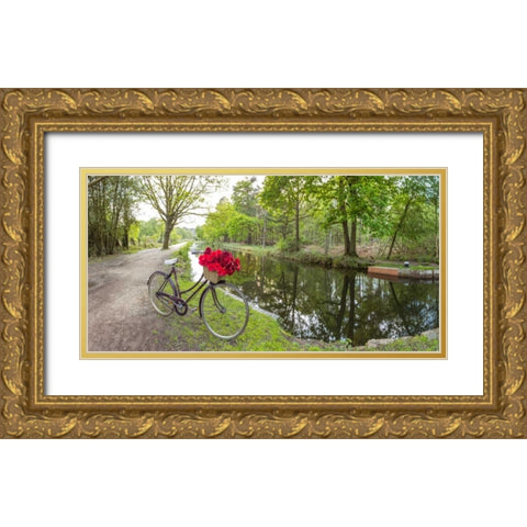 Bicycle with bunch of red roses by the canal Gold Ornate Wood Framed Art Print with Double Matting by Frank, Assaf