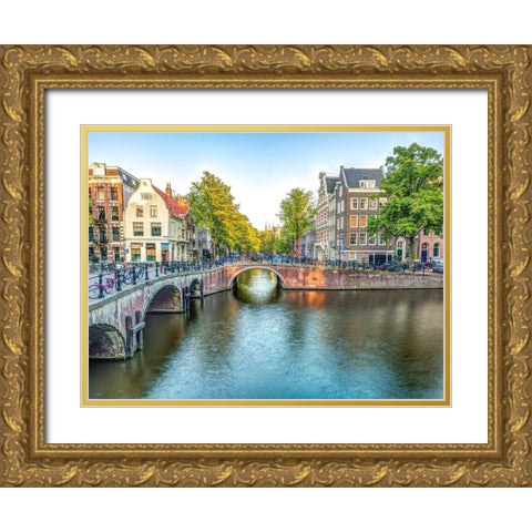 Canal through Amsterdam city Gold Ornate Wood Framed Art Print with Double Matting by Frank, Assaf