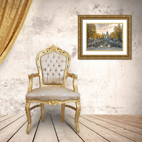 Bicycles parked along the canal-Amsterdam Gold Ornate Wood Framed Art Print with Double Matting by Frank, Assaf