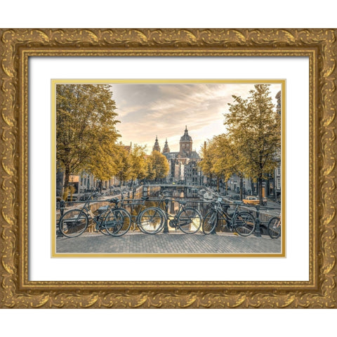 Bicycles parked along the canal-Amsterdam Gold Ornate Wood Framed Art Print with Double Matting by Frank, Assaf