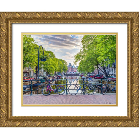 Bicycles parked along the canal, Amsterdam Gold Ornate Wood Framed Art Print with Double Matting by Frank, Assaf