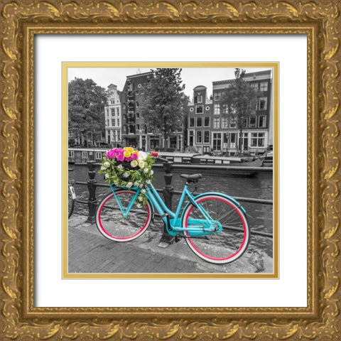 Bicycle with bunch of roses on bridge-Amsterdam Gold Ornate Wood Framed Art Print with Double Matting by Frank, Assaf