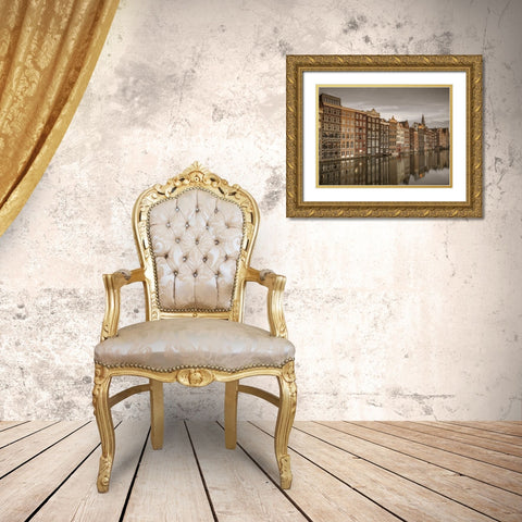 Houses alongside canal-Amsterdam Gold Ornate Wood Framed Art Print with Double Matting by Frank, Assaf