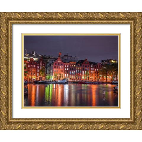 Amsterdam canal at night Gold Ornate Wood Framed Art Print with Double Matting by Frank, Assaf