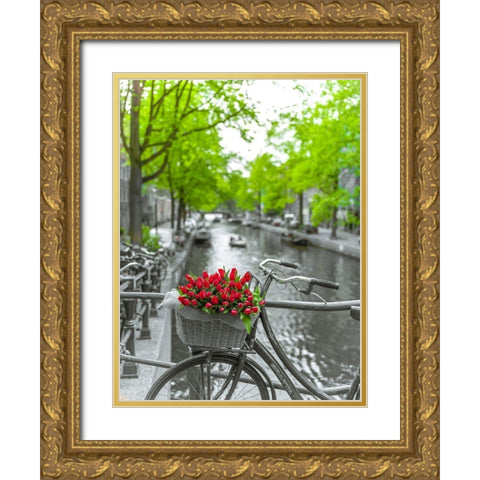 Bicycle with bunch of flowers by the canal-Amsterdam Gold Ornate Wood Framed Art Print with Double Matting by Frank, Assaf