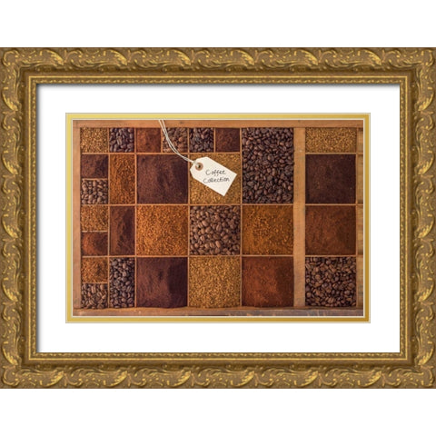 Variety of coffee beans in a wooden box Gold Ornate Wood Framed Art Print with Double Matting by Frank, Assaf