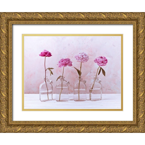 Peonies in glass bottles Gold Ornate Wood Framed Art Print with Double Matting by Frank, Assaf