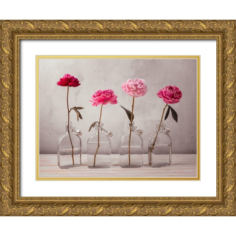 Peonies in glass bottles Gold Ornate Wood Framed Art Print with Double Matting by Frank, Assaf