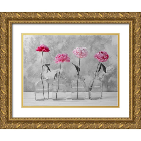 Peonies in glass bottles Gold Ornate Wood Framed Art Print with Double Matting by Frank, Assaf