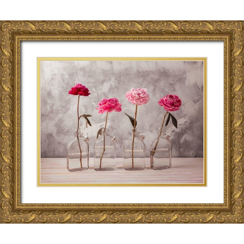 Peonies in glass bottles Gold Ornate Wood Framed Art Print with Double Matting by Frank, Assaf