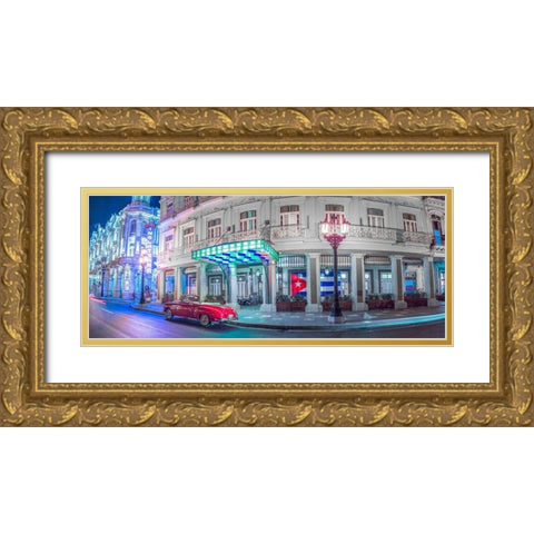 Vintage car outside hotel Inglatera, Havana, Cuba, FTBR 1850 Gold Ornate Wood Framed Art Print with Double Matting by Frank, Assaf