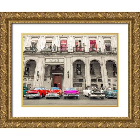 Traditional cuban cars parked in row by the road in Havava, Cuba, Gold Ornate Wood Framed Art Print with Double Matting by Frank, Assaf