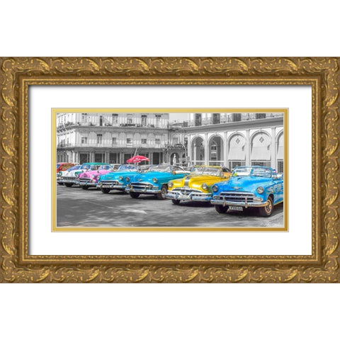 Traditional cuban cars parked in row by the road in Havava, Cuba, FTBR 1849 Gold Ornate Wood Framed Art Print with Double Matting by Frank, Assaf