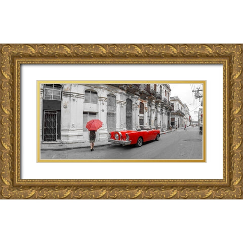 Woman with red umbrella by a vintage car on the street of Havana-Cuba Gold Ornate Wood Framed Art Print with Double Matting by Frank, Assaf