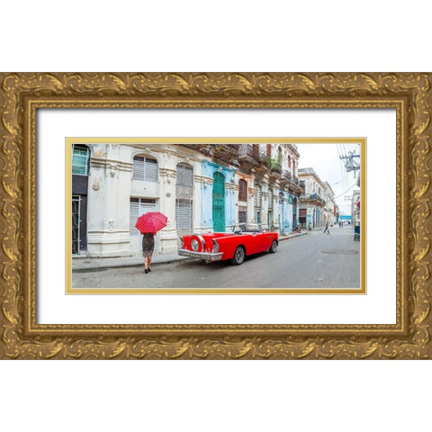 Woman with red umbrella by a vintage car on the street of Havana, Cuba, FTBR 1851 Gold Ornate Wood Framed Art Print with Double Matting by Frank, Assaf