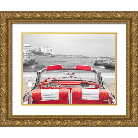 Vintage car near the beach in Cuba Gold Ornate Wood Framed Art Print with Double Matting by Frank, Assaf
