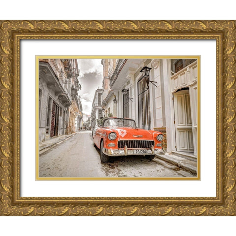 Vintage car on street of Havana-Cuba Gold Ornate Wood Framed Art Print with Double Matting by Frank, Assaf
