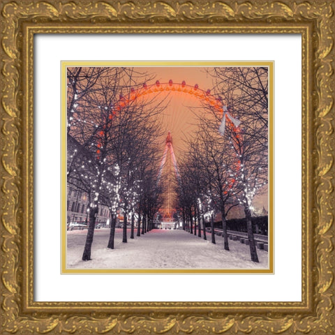 London Eye at night with trees in the foreground lit with lights and snow on the pathway-London-UK Gold Ornate Wood Framed Art Print with Double Matting by Frank, Assaf