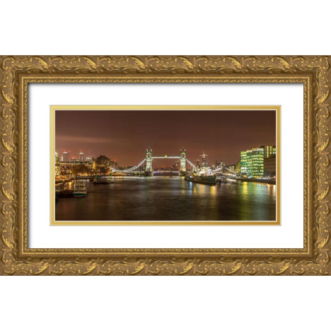 Tower Bridge and HMS Belfast at night Gold Ornate Wood Framed Art Print with Double Matting by Frank, Assaf