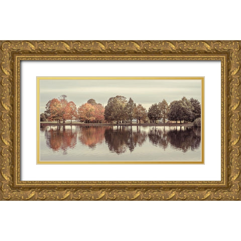 Reflection of autumn trees in a still lake. Gold Ornate Wood Framed Art Print with Double Matting by Frank, Assaf