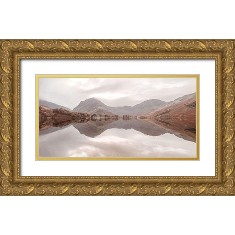 Mountain reflections in lake Gold Ornate Wood Framed Art Print with Double Matting by Frank, Assaf