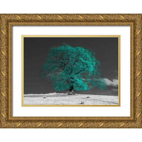 Tree on a hill-teal Gold Ornate Wood Framed Art Print with Double Matting by Frank, Assaf