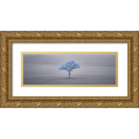 Single tree in foggy grassfield Gold Ornate Wood Framed Art Print with Double Matting by Frank, Assaf