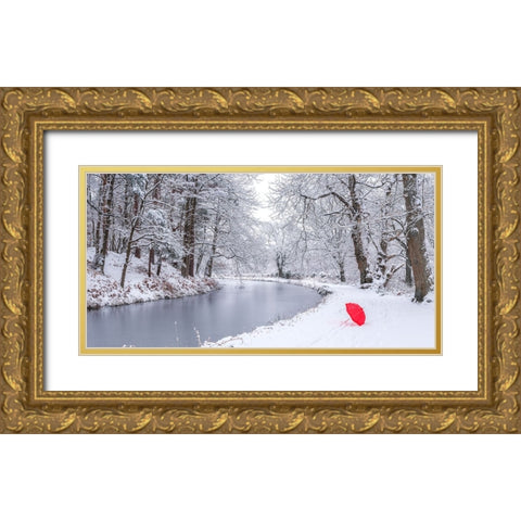 Umbrella by a snowy canal Gold Ornate Wood Framed Art Print with Double Matting by Frank, Assaf