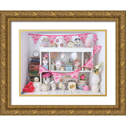 Vintage tea pots, cups , clocks with bunting Gold Ornate Wood Framed Art Print with Double Matting by Frank, Assaf