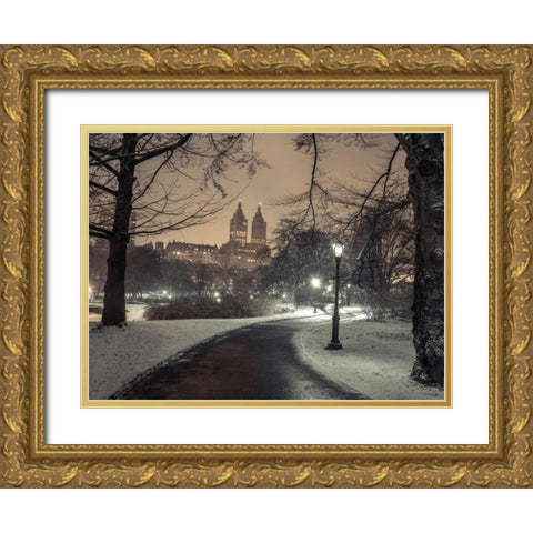 Path in cental park at night, winter, snow, New York. Gold Ornate Wood Framed Art Print with Double Matting by Frank, Assaf