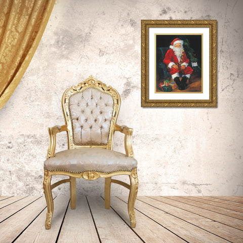 Santa Is In Gold Ornate Wood Framed Art Print with Double Matting by Comish, Susan
