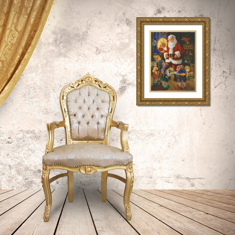 Santas Toy Shop Gold Ornate Wood Framed Art Print with Double Matting by Comish, Susan