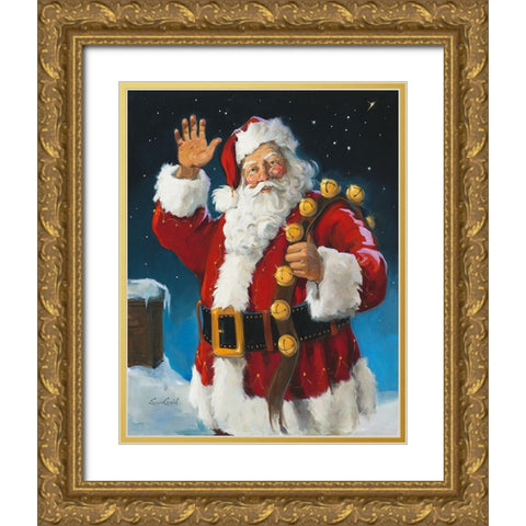 Santa On The Roof Gold Ornate Wood Framed Art Print with Double Matting by Comish, Susan