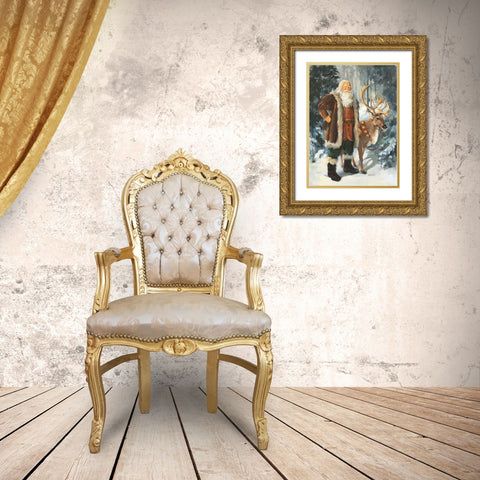 Woodland Santa Gold Ornate Wood Framed Art Print with Double Matting by Comish, Susan