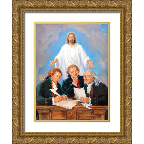 Drafting Of The Declaration Gold Ornate Wood Framed Art Print with Double Matting by Comish, Susan