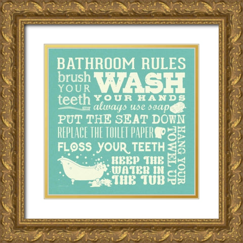 Bath Rules - Green Gold Ornate Wood Framed Art Print with Double Matting by Marrott, Stephanie