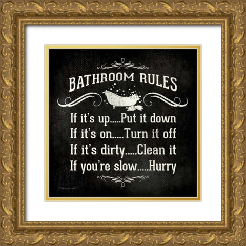 Bathroom Rules - Black Gold Ornate Wood Framed Art Print with Double Matting by Marrott, Stephanie
