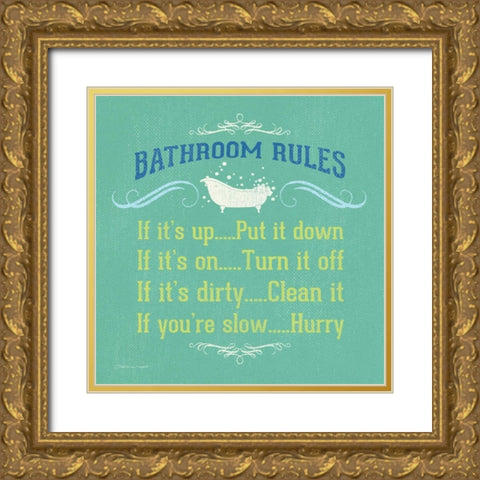 Bathroom Rules  - Green Gold Ornate Wood Framed Art Print with Double Matting by Marrott, Stephanie