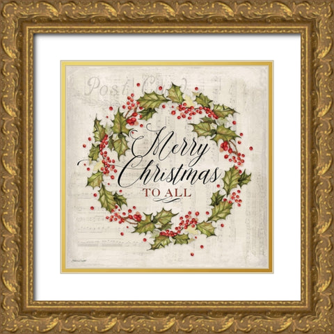 Merry Christmas Wreath Gold Ornate Wood Framed Art Print with Double Matting by Marrott, Stephanie